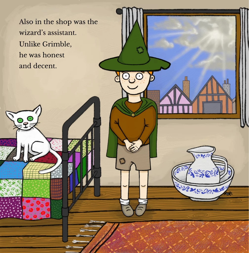 An internal page of The Wizard's Assistant book - showing Sincerus (the Wizard's Assistant) standing in a old room, alongside a white cat on the bed