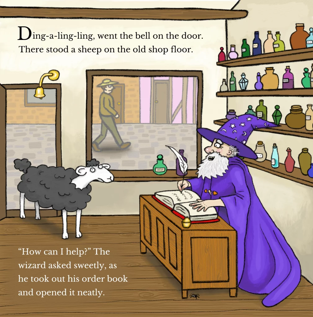 An internal page of The Wizard's Assistant book - showing a sheep walking into Grimble the wizard's shop.