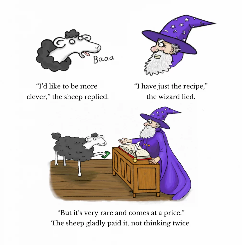 An internal page of The Wizard's Assistant book - showing two scenes of a sheep talking to Grimble the wizard.