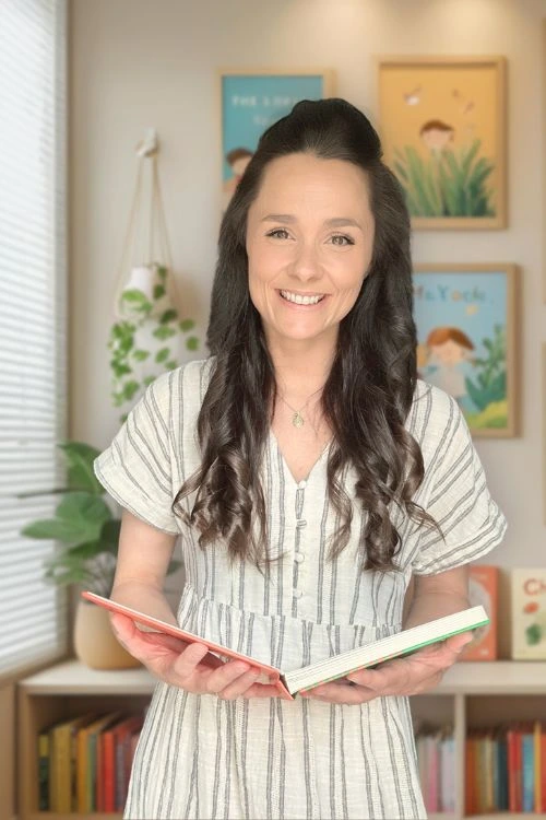 Mel Scott-Avis, children's book creator and founder of Mummy’s Fables, smiling in a colourful children’s room while holding an open picture book